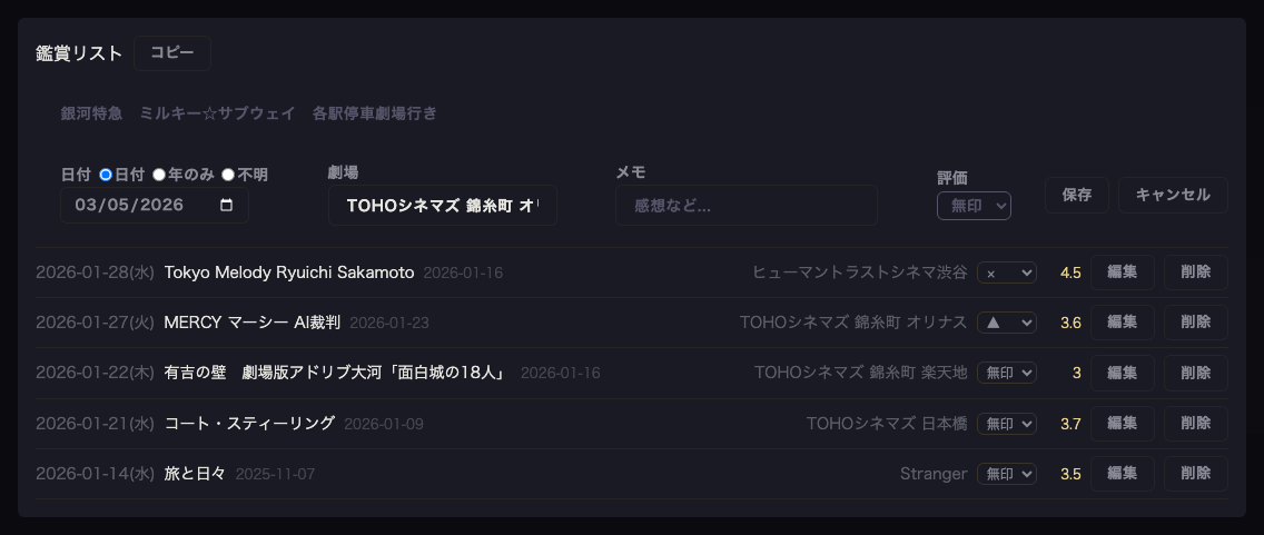 鑑賞リスト・編集 シネマティック